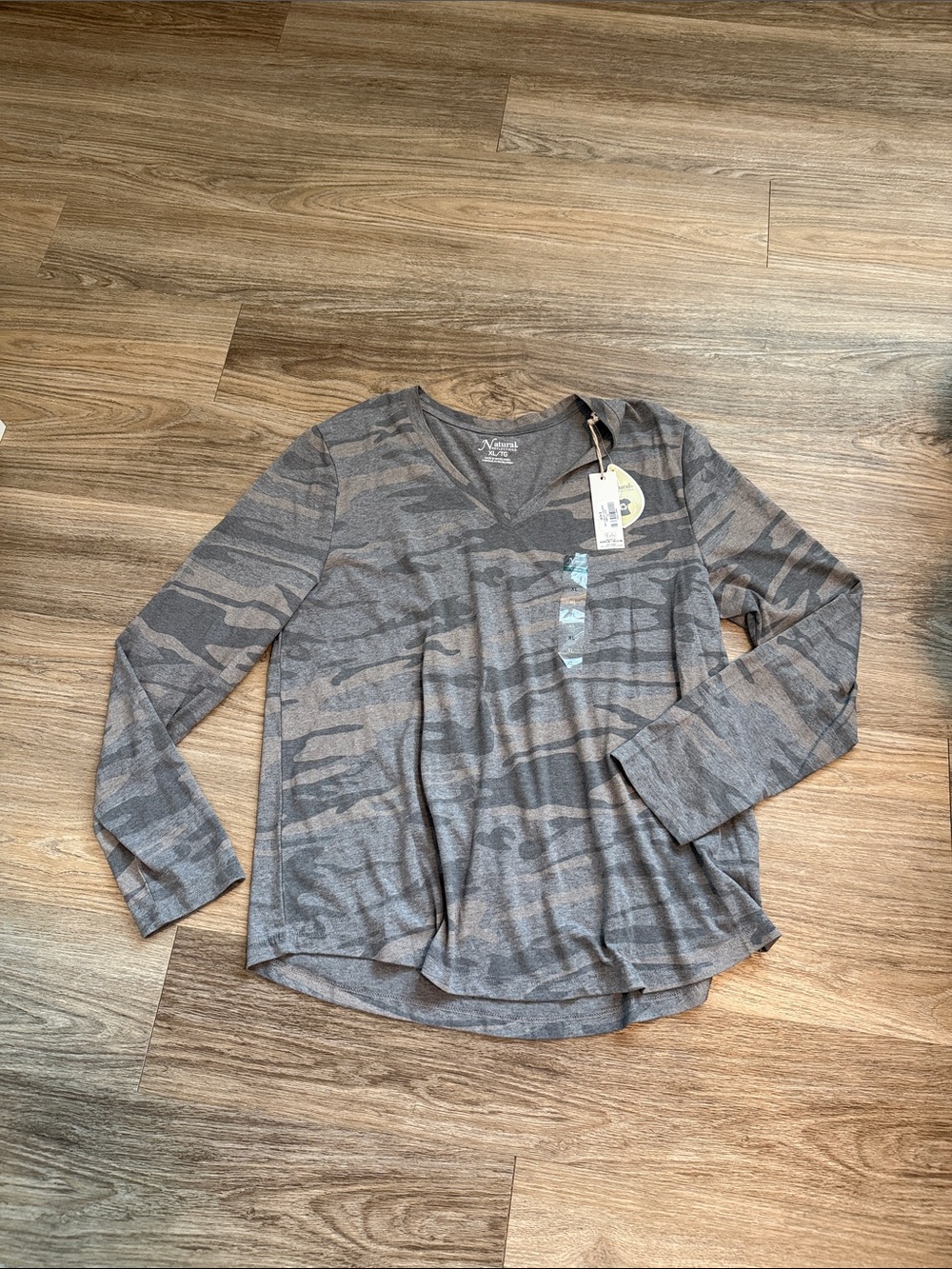 Natural Reflections Gray and Taupe Camo V-Neck Long Sleeve Top